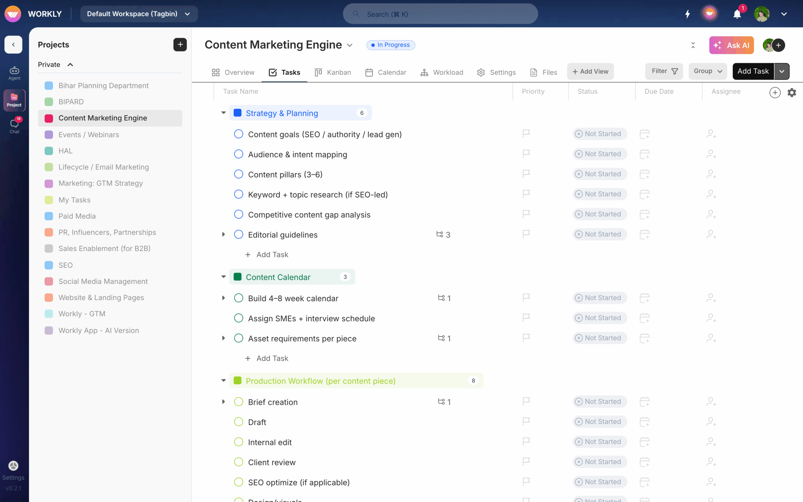 Workly project and task management view